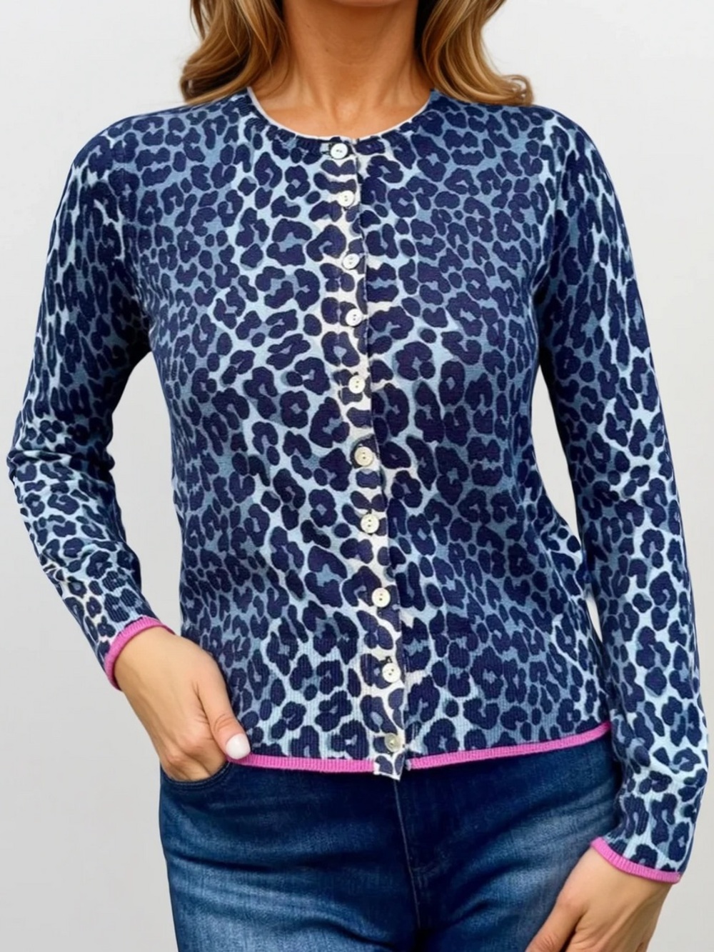 Brodie cashmere Wispr Lydia leopard button up cotton knit blue cardigan larg NWT
